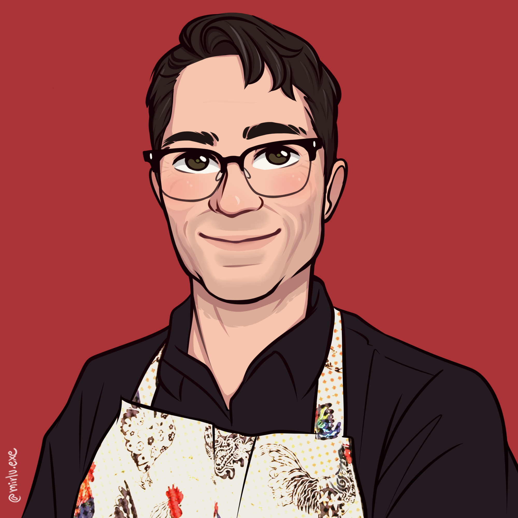 Dennis in a chicken apron